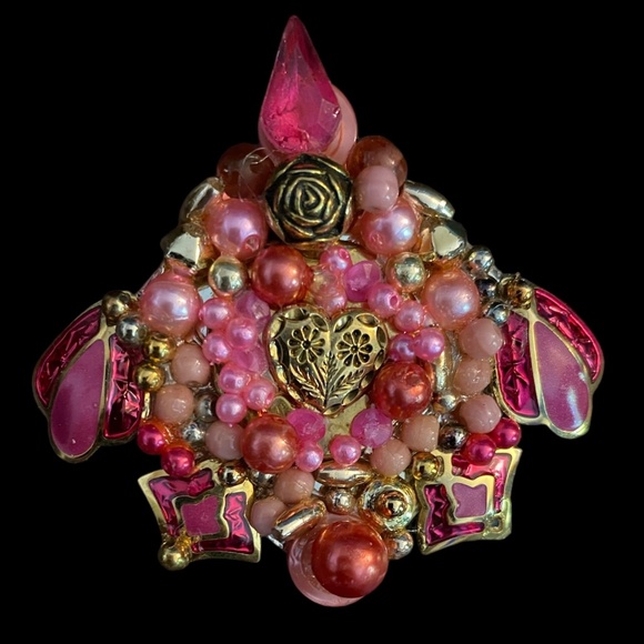 Handmade Up-cycled Brooch Artisan Repurposed Vintage Jewelry Pin Pink (Broach) - Picture 3 of 5